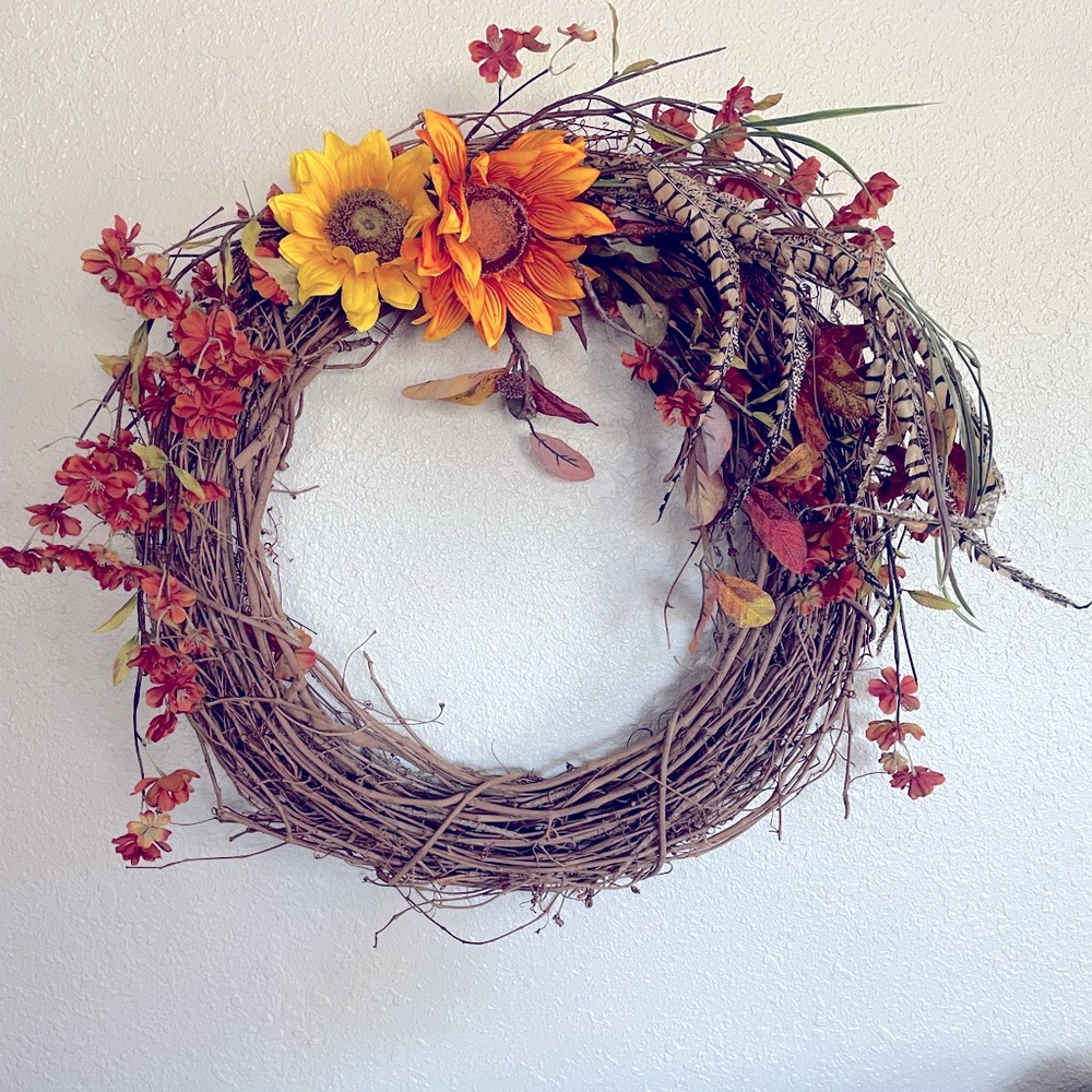 Rustic Sunflower Wreath with Pheasant Feathers.